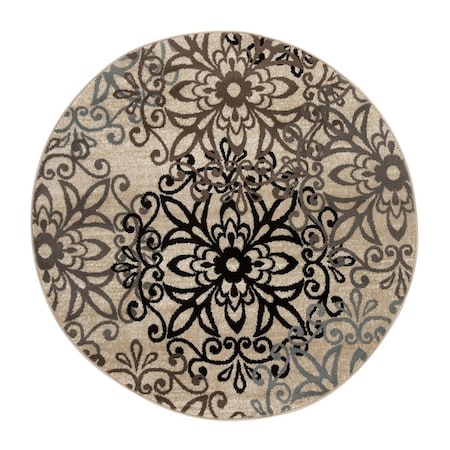 Homeroots 8 ft. Floral Medallion Stain Resistant Round Area Rug; Tan; Gray & Black 486941